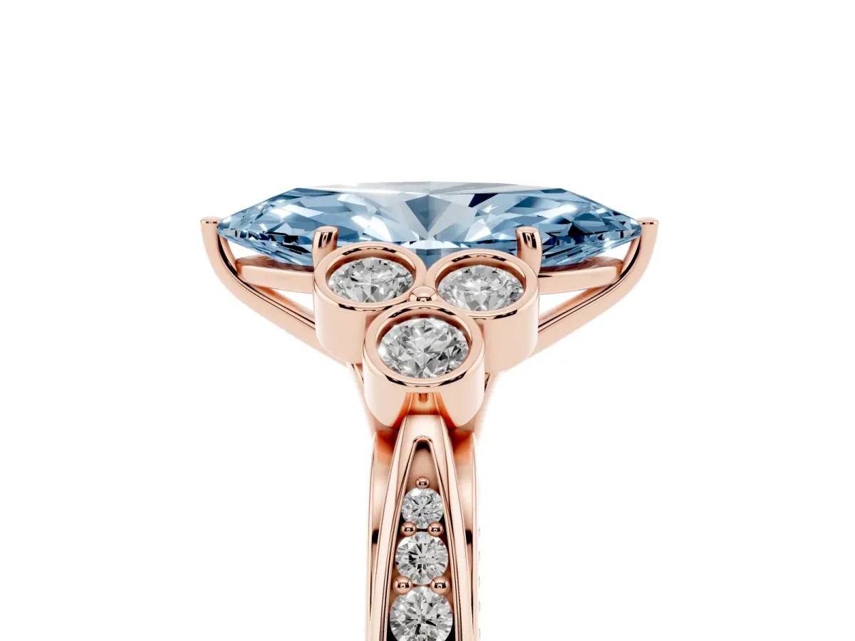 Fancy Blue Marquise Cut Cut Diamond Engagement Ring with Bezel Set Round Side Stones and Prong Setting Rose gold