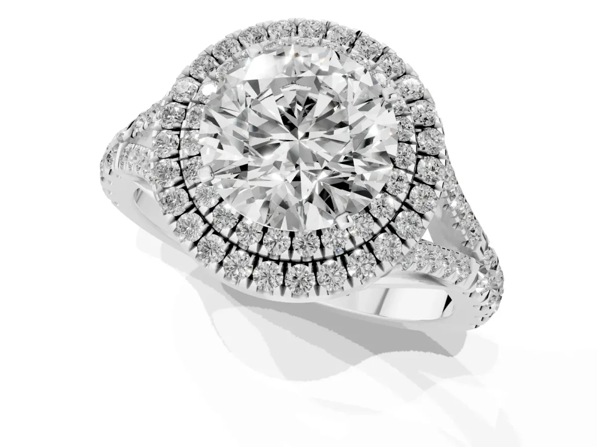 Round Cut Cut Double Halo Split Shank Diamond Ring with Prong Setting Silver
