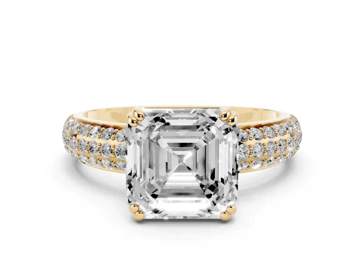 Asscher Cut Diamond Solitaire Ring with Multi-Row Round Pavé Band and Prong Setting Yellow gold
