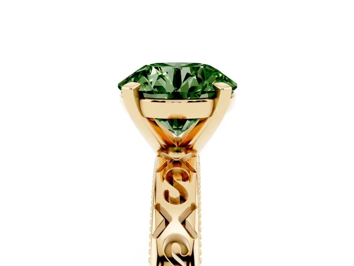 Fancy Green Round Cut Solitaire Engagement Ring with Scrollwork Band and Four-Prong Setting Yellow gold