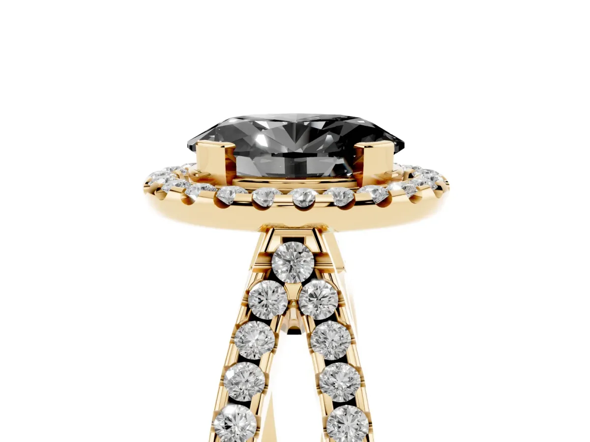 Fancy Black Oval Cut Diamond Halo Ring with Split Shank Pavé Band and Prong Setting Yellow gold