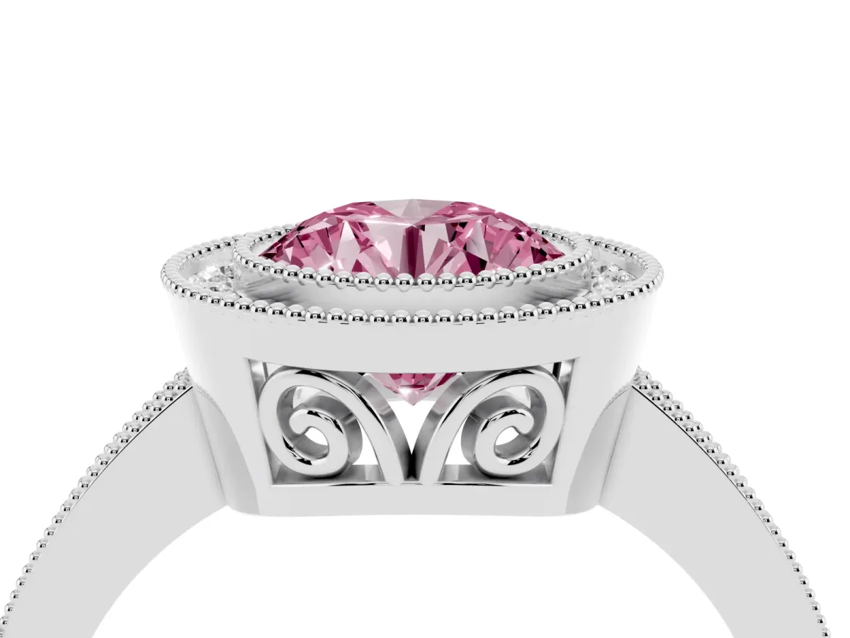 Fancy Pink Round Cut Cut Halo Diamond Ring with Pavé Band and Milgrain Prong Setting Platinum