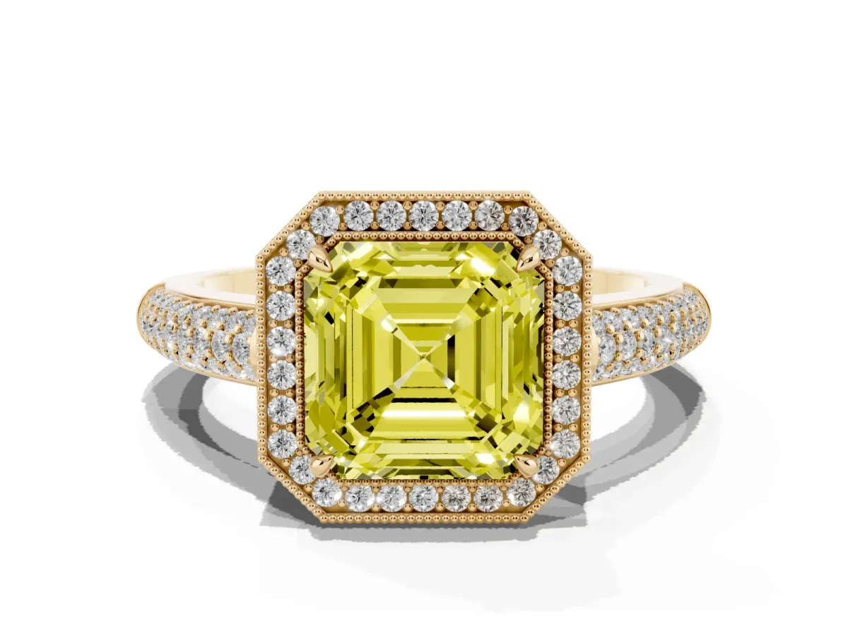Fancy Yellow Asscher Cut Cut Halo Diamond Pave Band with Four-Prong Setting Yellow gold