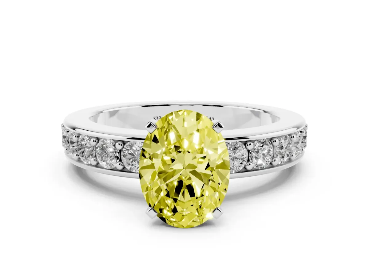 Fancy Yellow Oval Cut Diamond Engagement Ring with Channel Set Round Band and Prong Setting Silver
