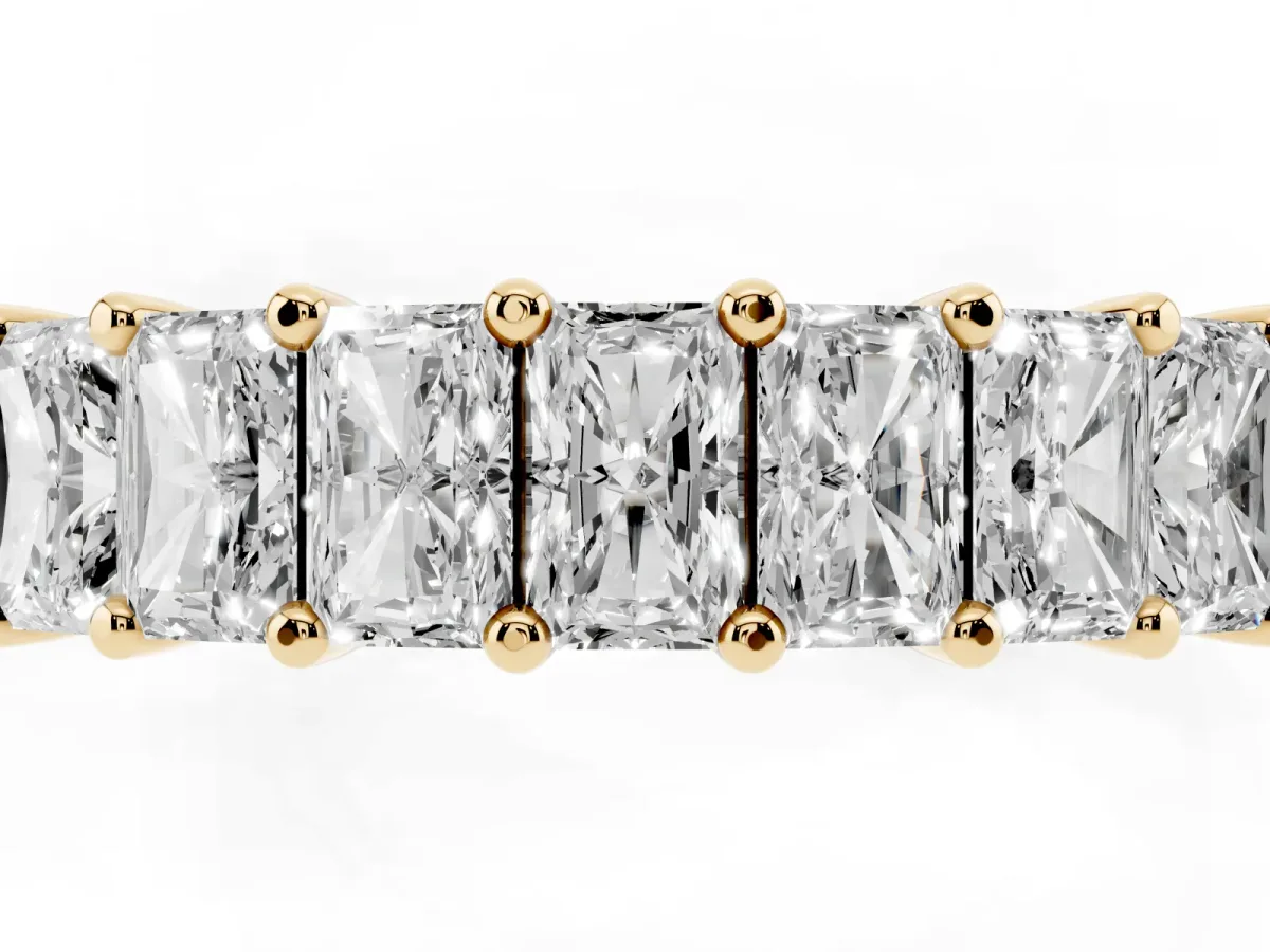 radiant Cut eternity band with shared prong setting Yellow gold