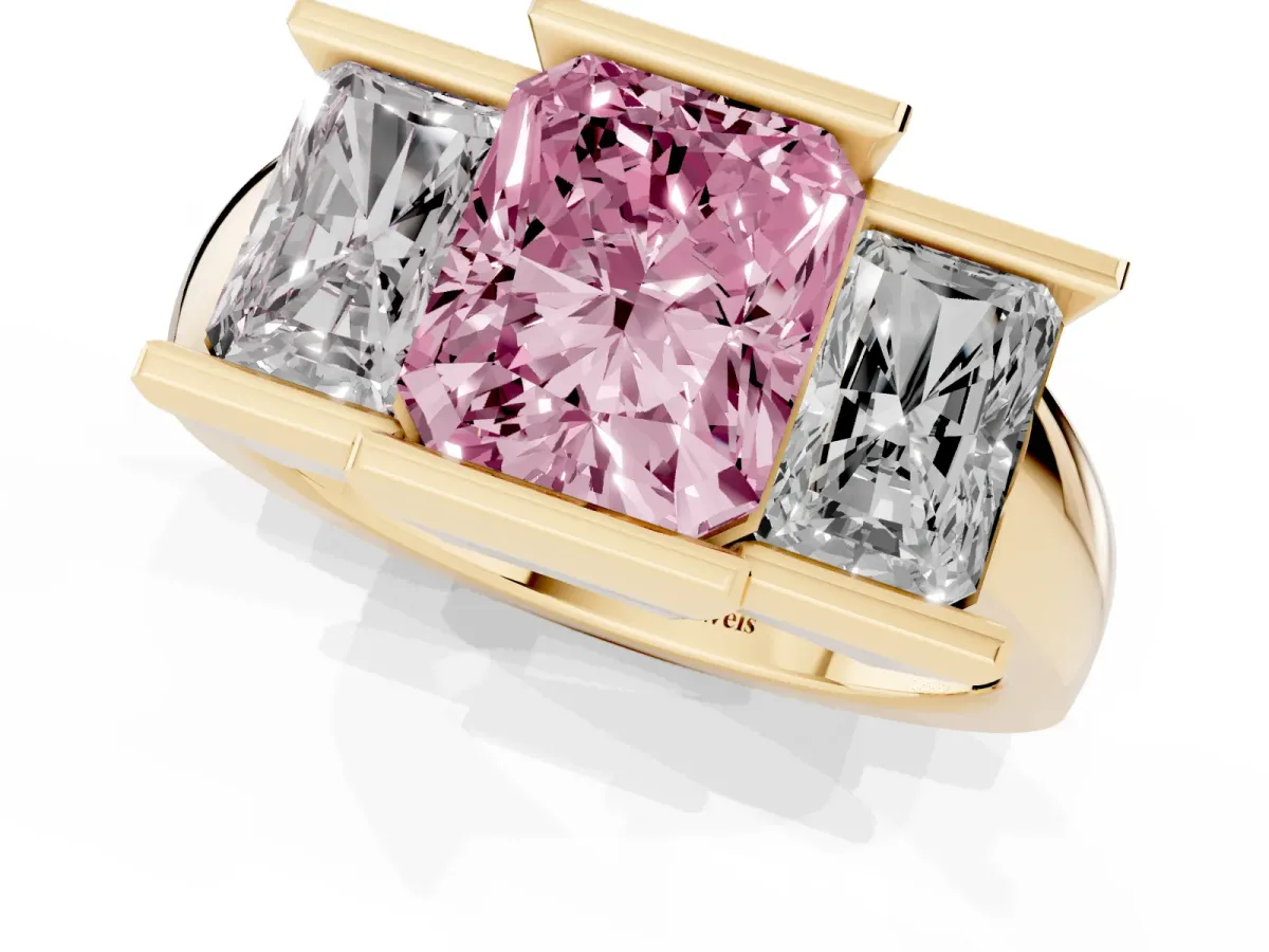 Fancy Pink Three Stone Radiant Cut Cut Channel Set Diamond Ring Yellow gold