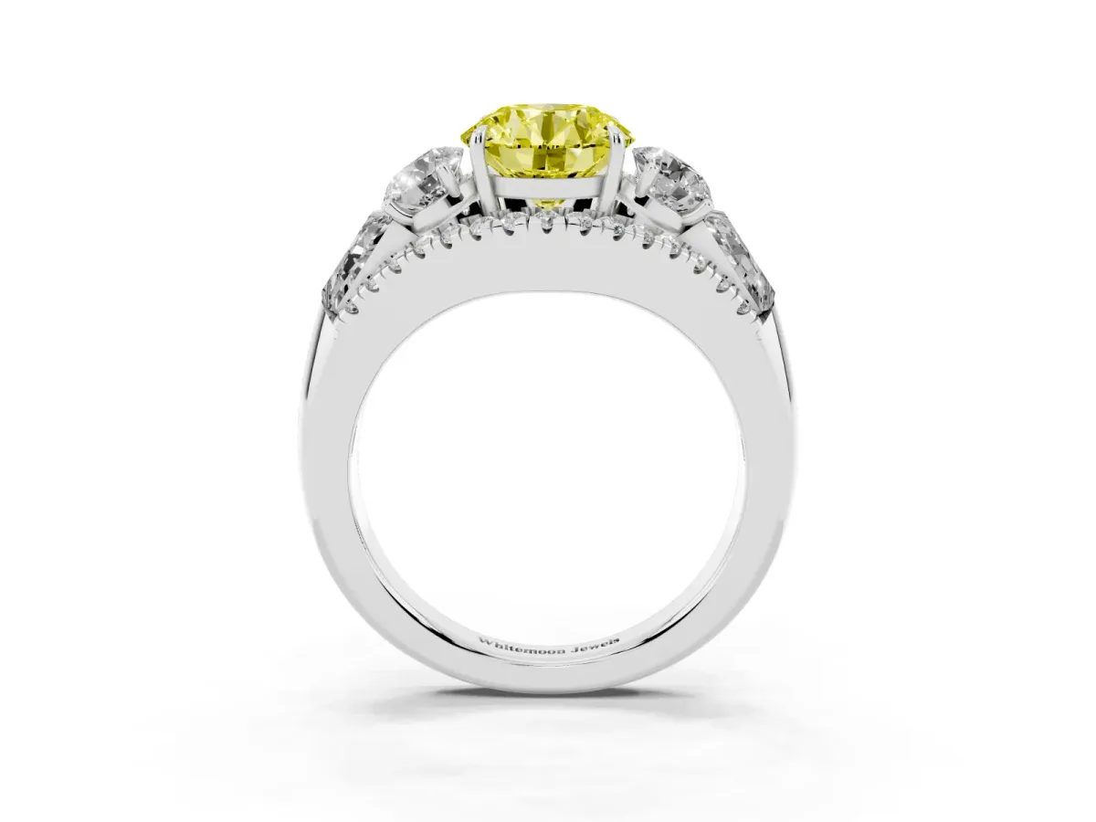 Fancy Yellow Three-Stone Round Cut Diamond Engagement Ring with Pave Band and Prong Setting Silver