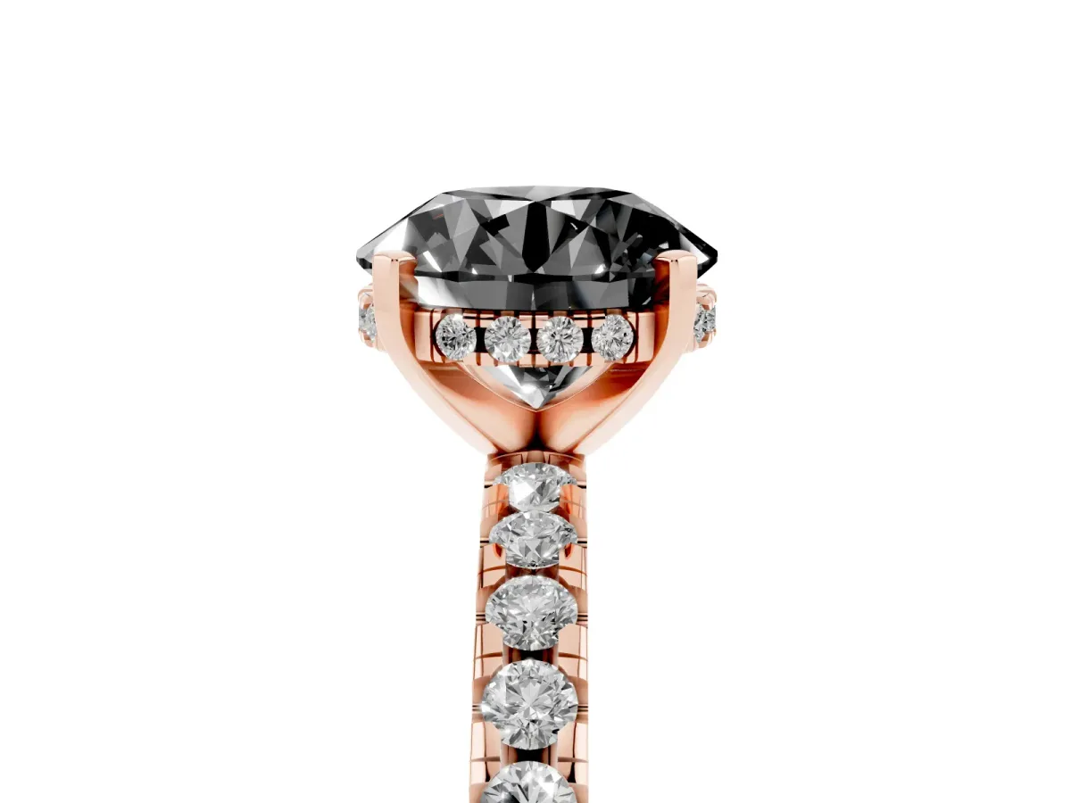 Fancy Black Round Cut Diamond Solitaire Ring with Round Pavé Band and Four-Prong Setting Rose gold