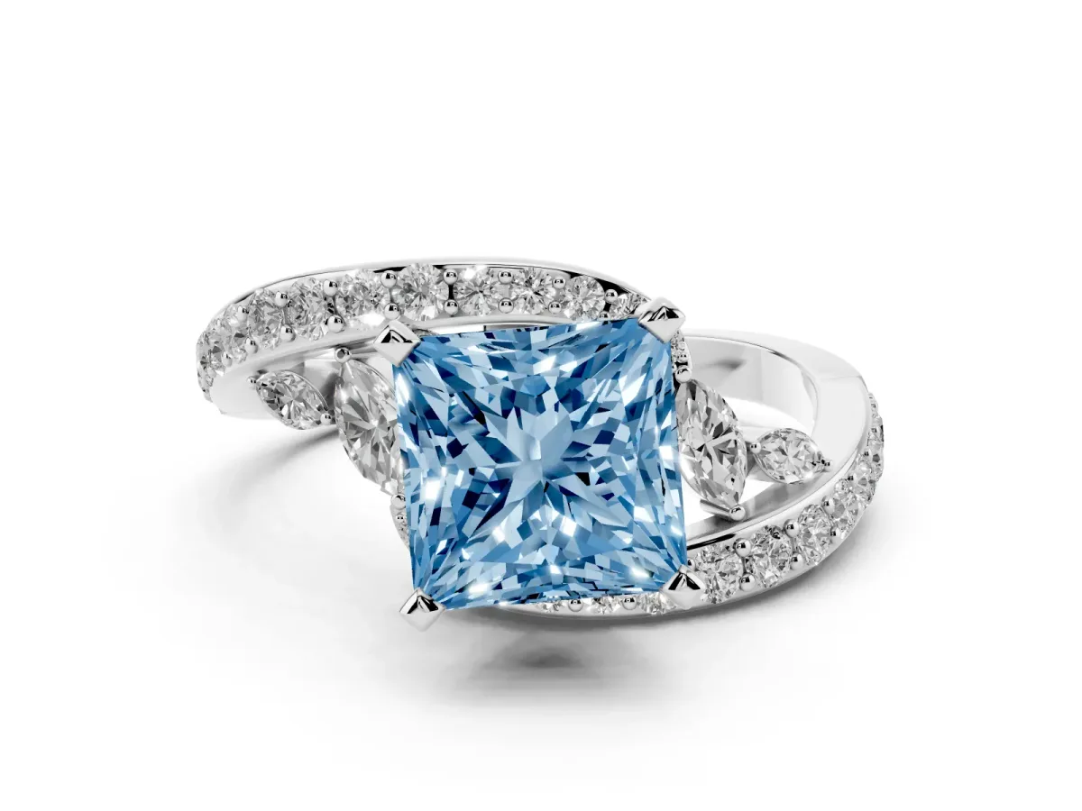 Fancy Blue Princess Cut Solitaire with Pavé Twist Band and Four-Prong Setting Platinum