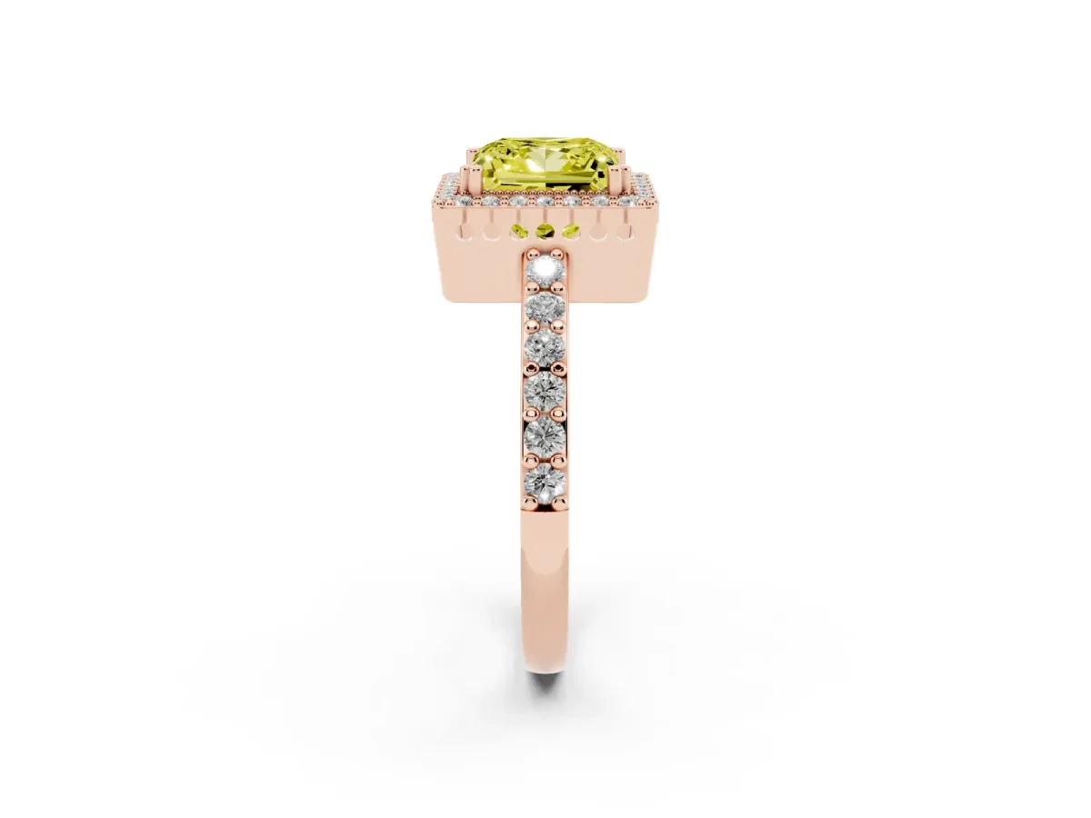 Fancy Yellow Princess Cut Cut Diamond Halo Engagement Ring with Milgrain Detail and Pavé Band Rose gold