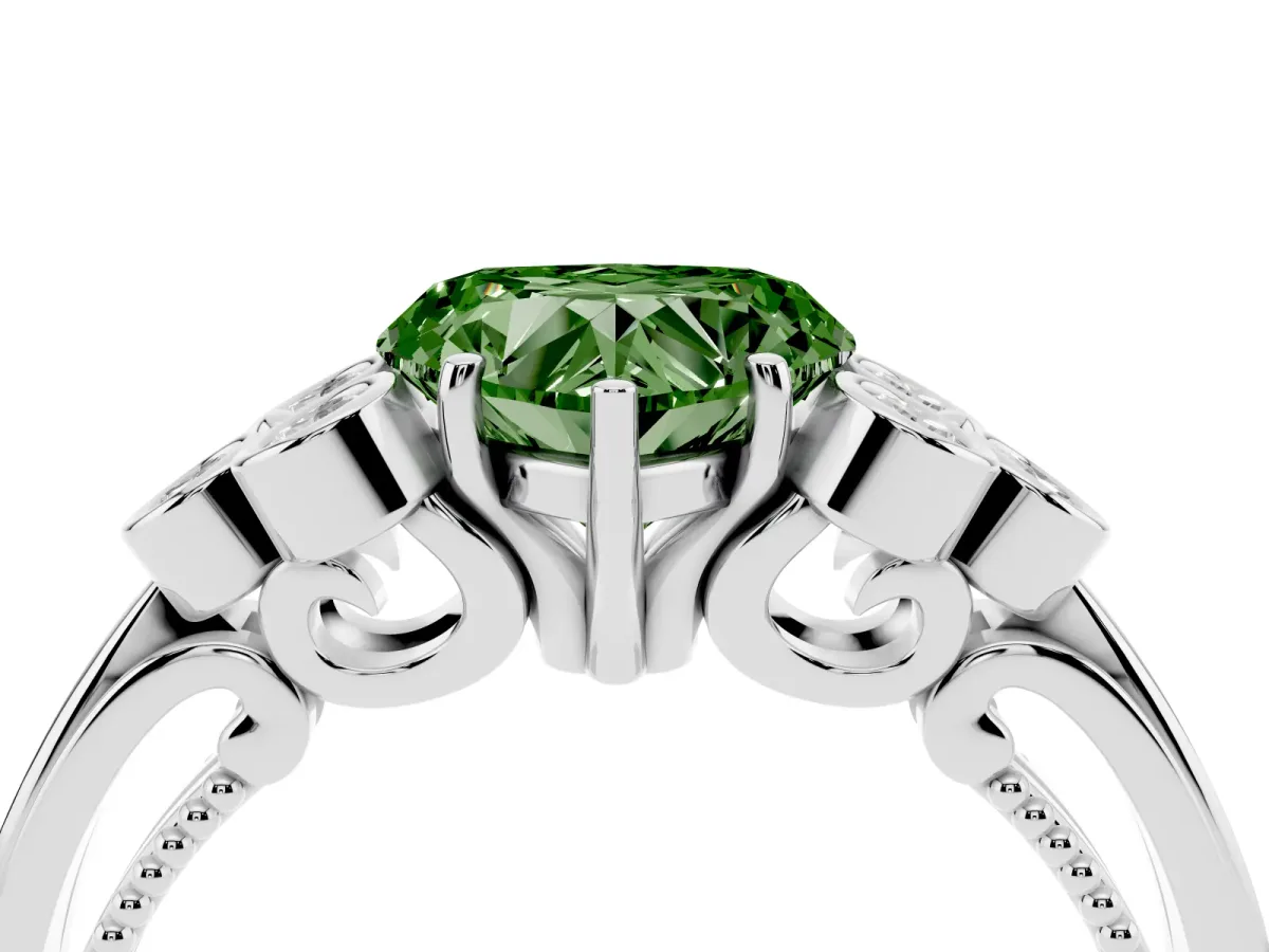 Fancy Green Heart Cut Cut Diamond Engagement Ring with Bezel Set Round Side Stones and Prong Setting Platinum