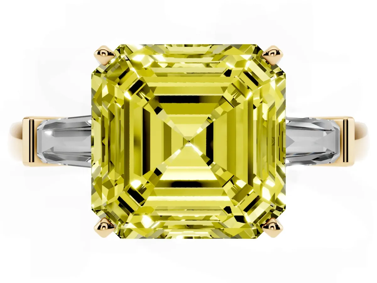 Fancy Yellow Asscher Cut Cut Diamond Solitaire Ring with Tapered Baguette Accents and Four-Prong Setting Yellow gold