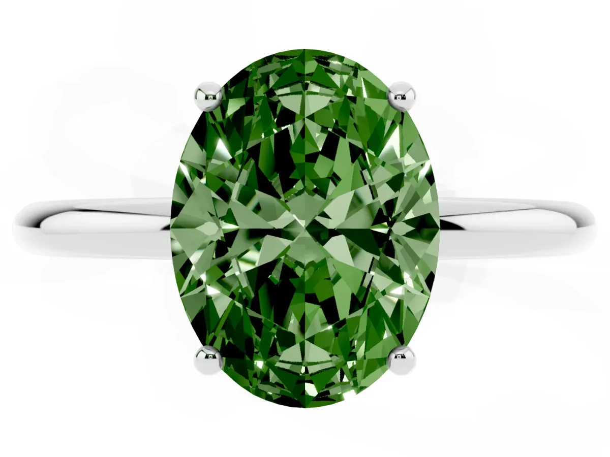 Fancy Green Oval Cut Solitaire Diamond Ring with a Classic Band and Four-Prong Setting Silver