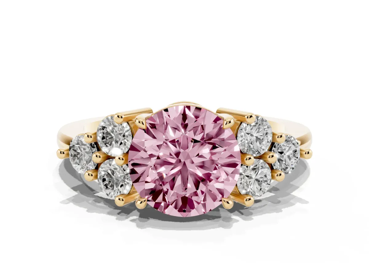 Fancy Pink Round Cut Brilliant Diamond Cluster Accent Solitaire Ring with Prong Setting Yellow gold