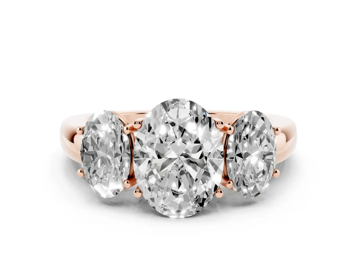 Oval Cut Diamond Three-Stone Ring with Four-Prong Setting and Classic Band Rose gold