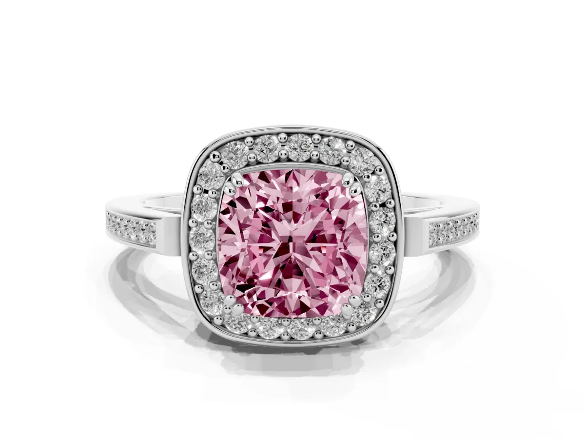 Fancy Pink Cushion Cut Diamond Halo Ring with Split Shank and Four-Prong Setting Silver