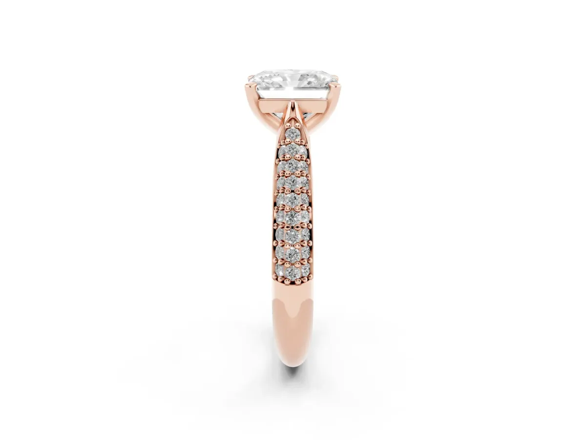 Radiant Cut Diamond Solitaire Engagement Ring with Multi-Row Round Pavé Band and Prong Setting Rose gold