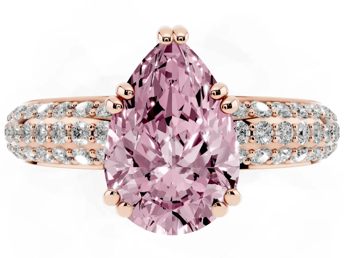 Fancy Pink Pear Cut Diamond Solitaire Ring with Multi-Row Round Pavé Band and Prong Setting Rose gold