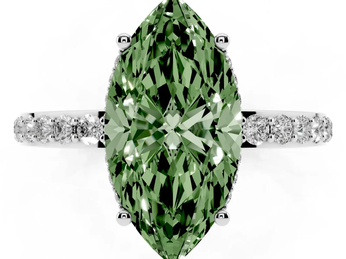 Fancy Green Marquise Cut Diamond Solitaire Ring with Pavé Band and Hidden Halo White gold