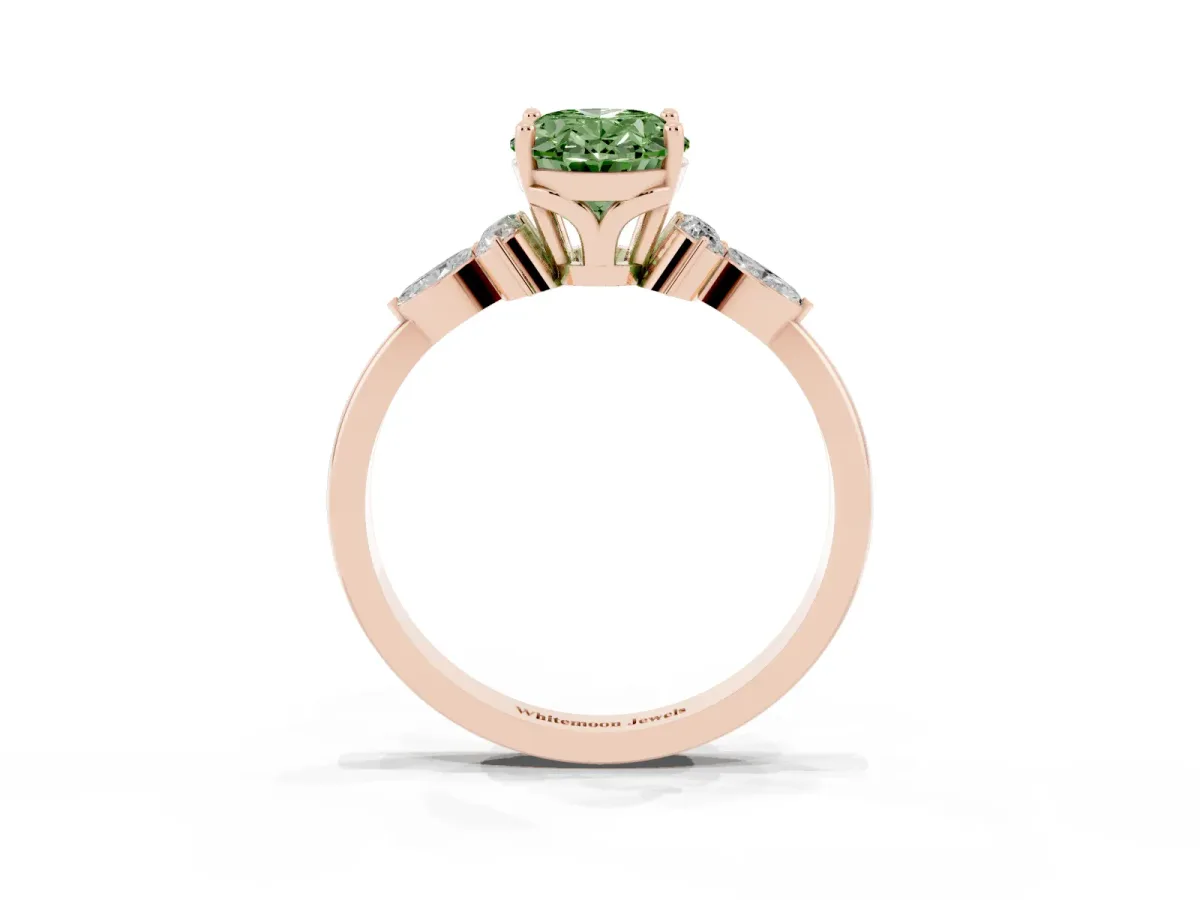 Fancy Green Oval Cut Brilliant Diamond Solitaire Ring with Pear Side Stones and Four-Prong Setting Rose gold
