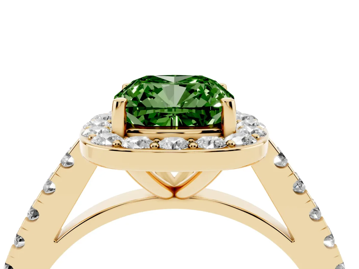 Fancy Green Cushion Cut Diamond Halo Ring with Round Pavé Split Shank and Prong Setting Yellow gold