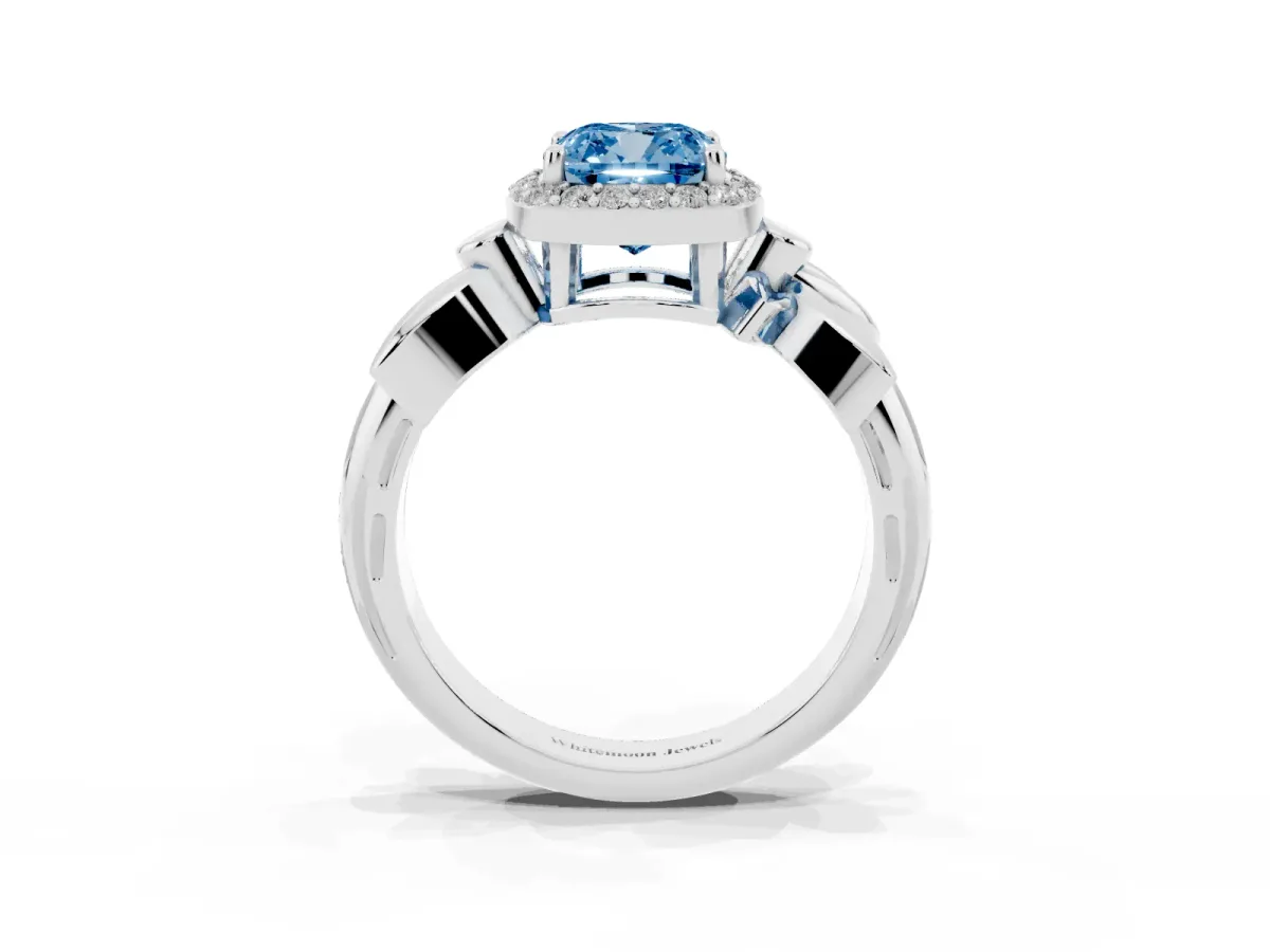 Fancy Blue Cushion Cut Halo Diamond Floral Band with Four-Prong Setting Silver