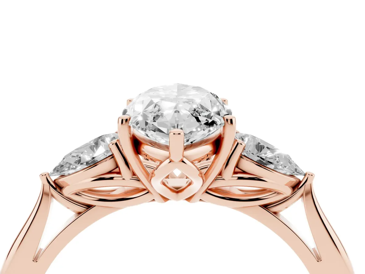 Marquise Cut Diamond Three-Stone Ring with Pear Side Stones and Prong Setting Rose gold