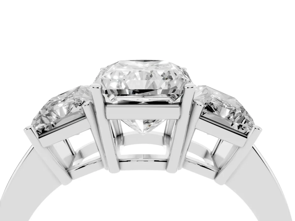 Three-Stone Radiant Cut Cut Diamond Engagement Ring with Flat Band and Four-Prong Setting Silver