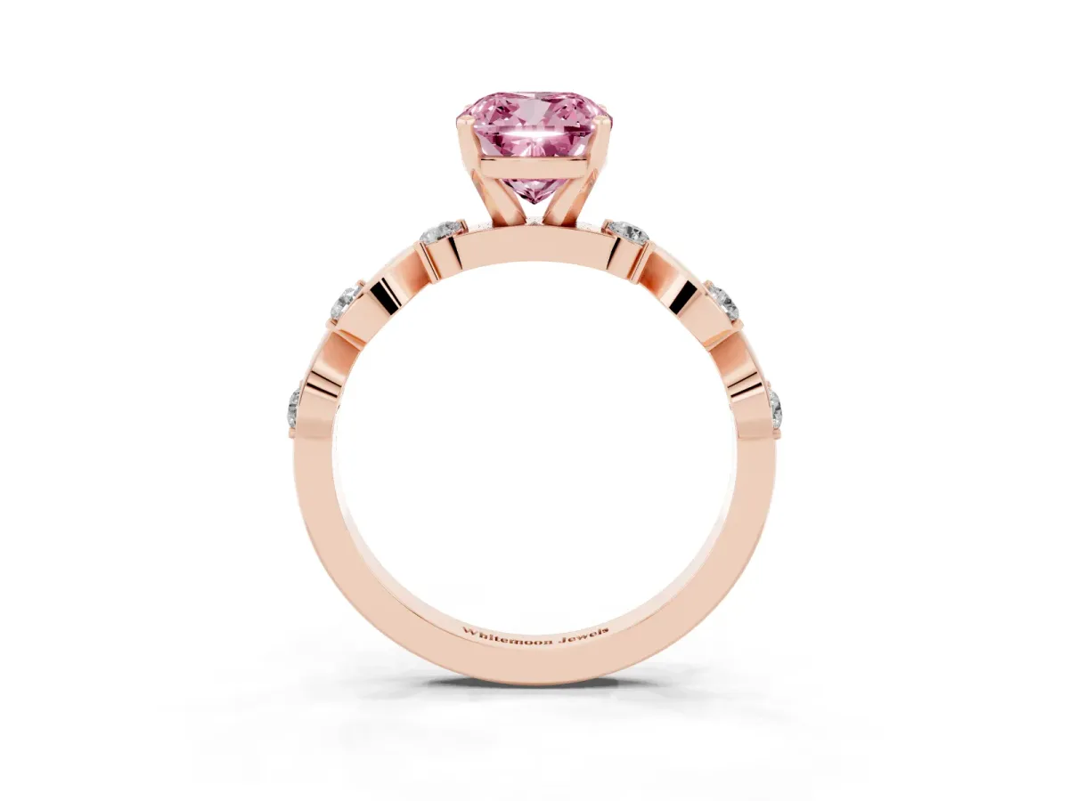 Fancy Pink Cushion Cut Diamond Solitaire Twisted Band with Round Accents and Prong Setting Rose gold