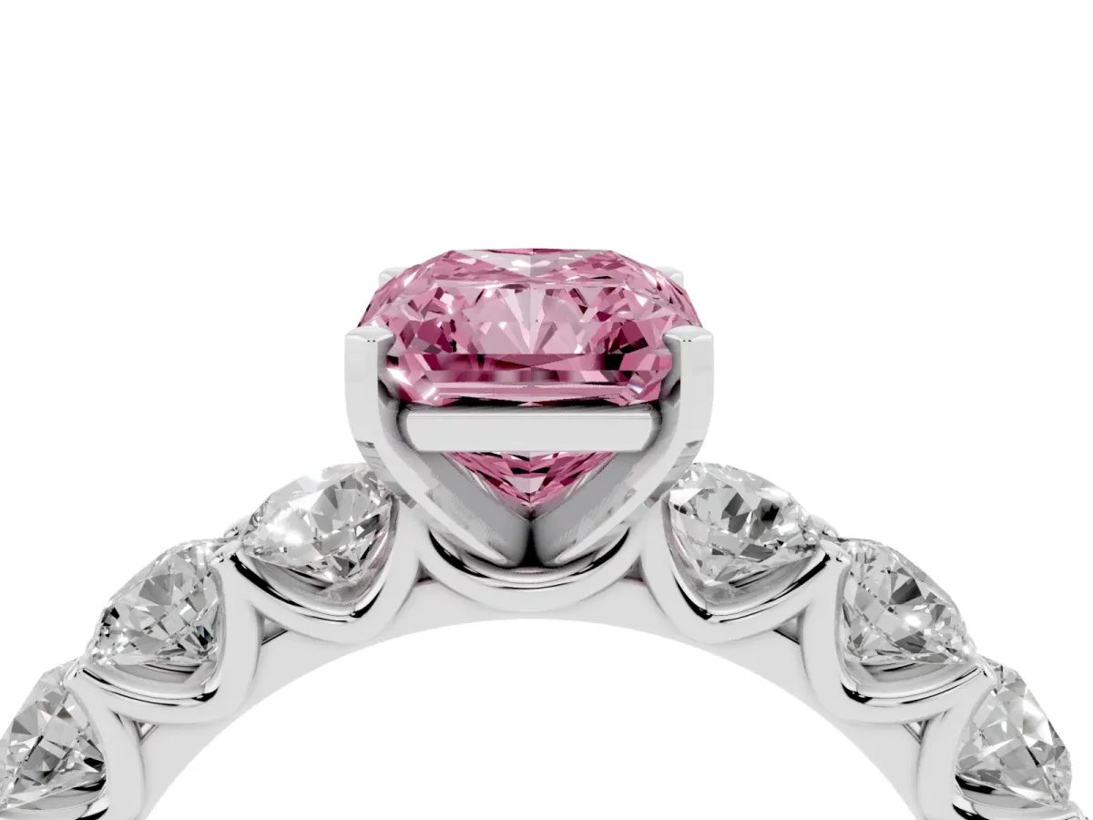 Fancy Pink Radiant Cut Diamond Prong Setting with Side Stones on a Pave Band Silver