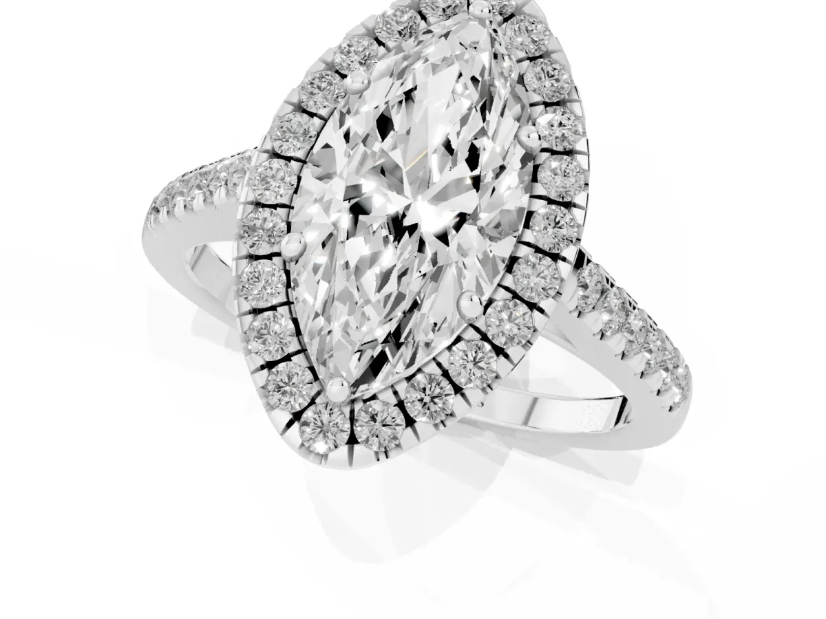 Marquise Cut Halo Pavé Diamond Engagement Ring with Four-Prong Setting Silver
