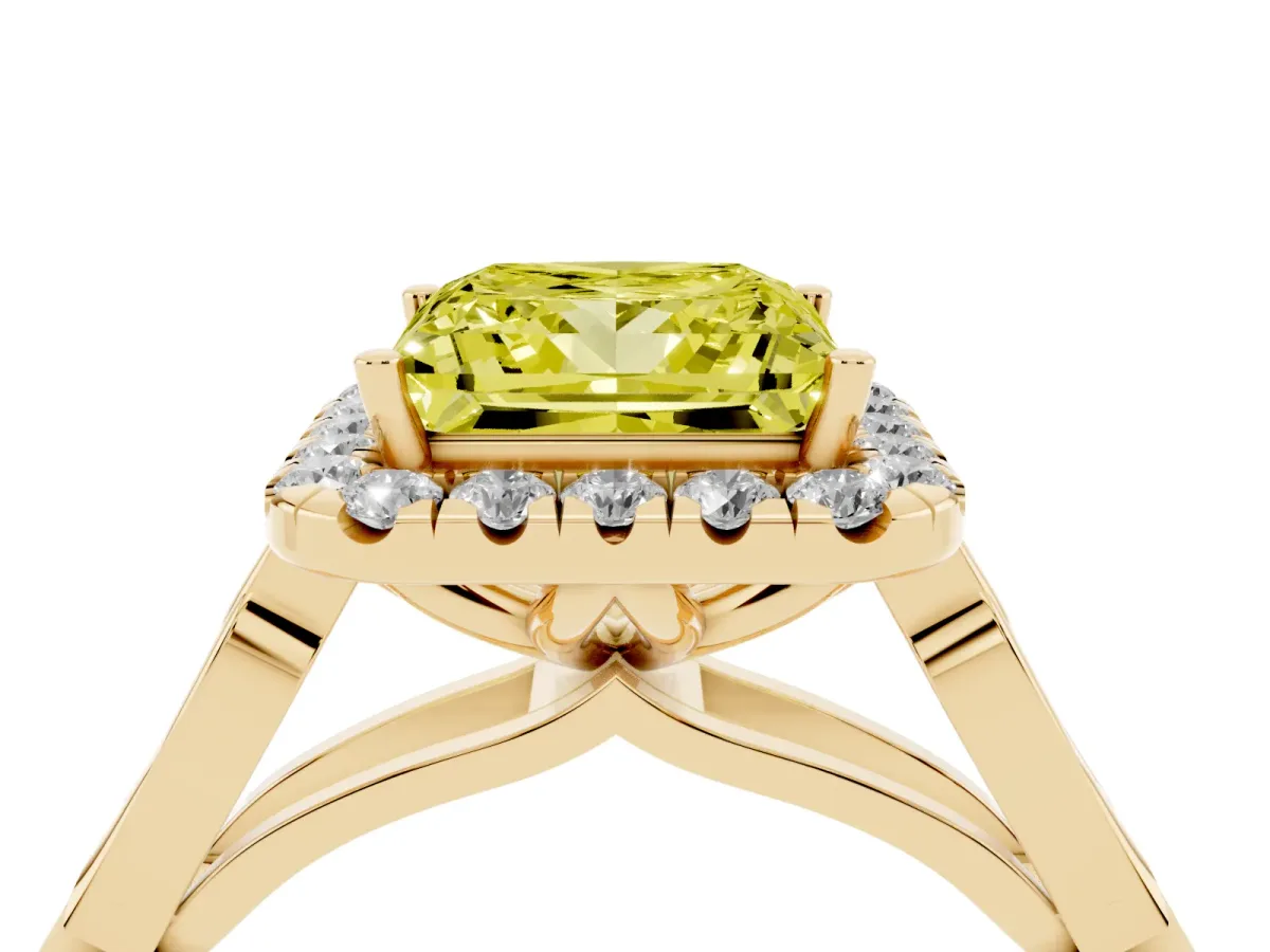 Fancy Yellow Princess Cut Halo Diamond Engagement Ring with Filigree Band and Four-Prong Setting Yellow gold