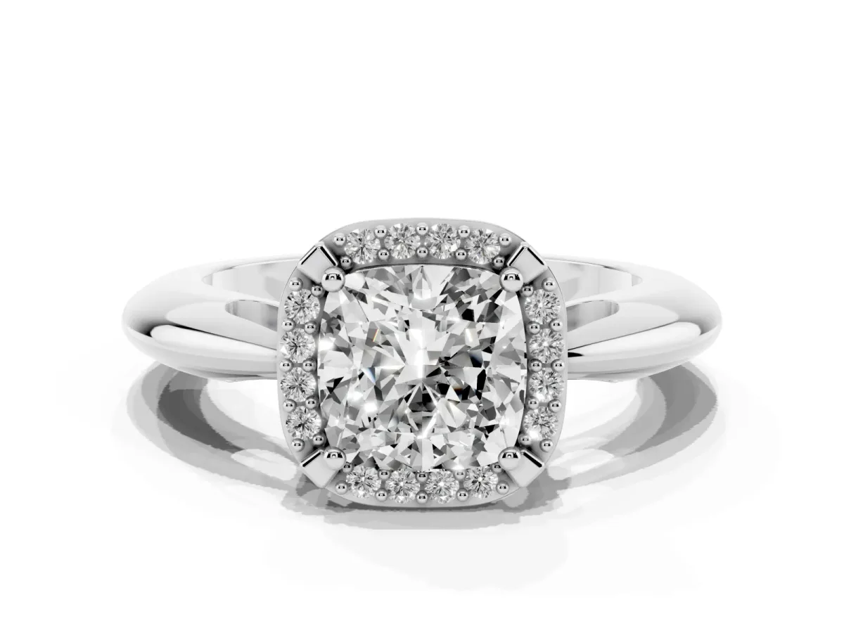 Cushion Cut Cut Diamond Halo Engagement Ring with Split Shank and Four-Prong Setting Silver