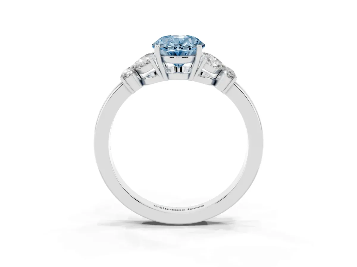 Fancy Blue Oval Cut Cut Solitaire Floral Diamond Ring with Four-Prong Setting Silver
