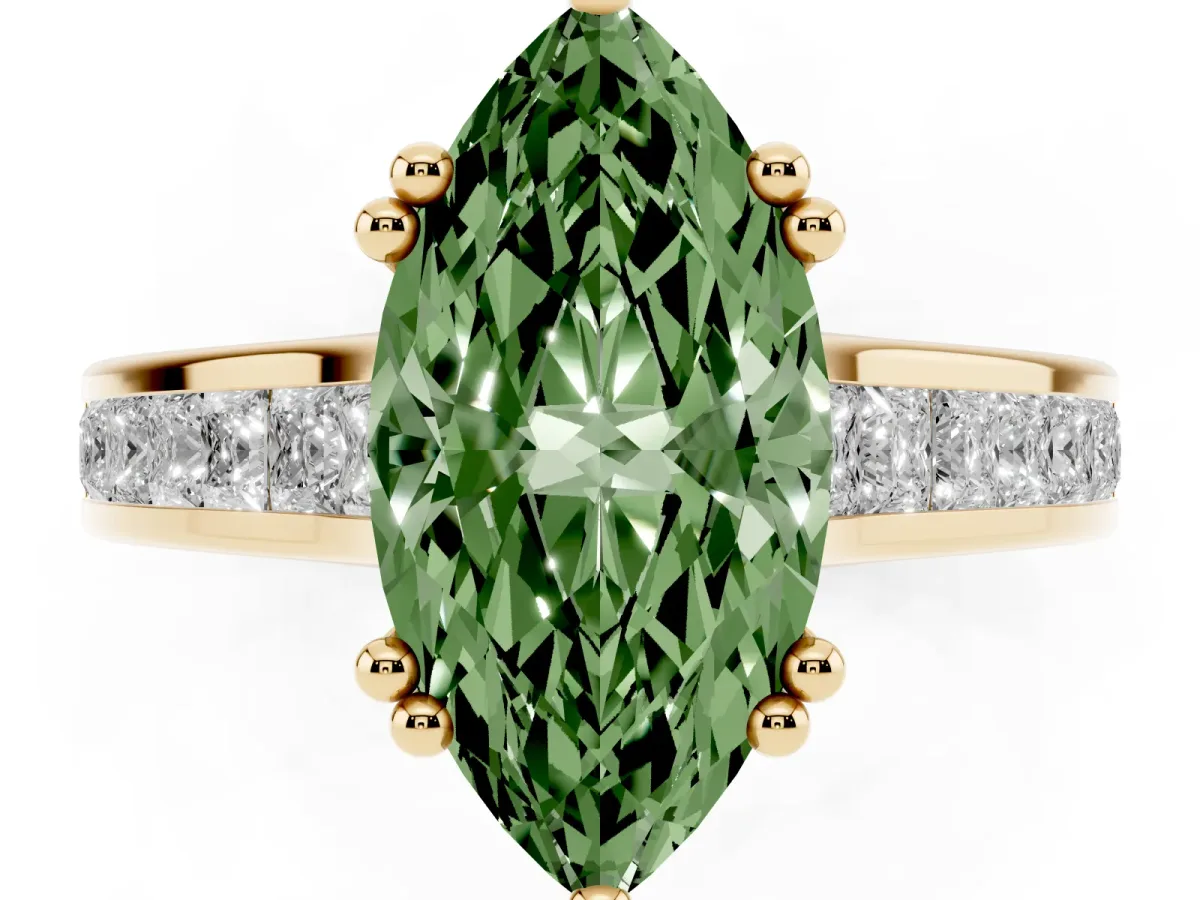 Fancy Green Marquise Cut Cut Channel Set Solitaire Engagement Ring with Prong Setting Yellow gold