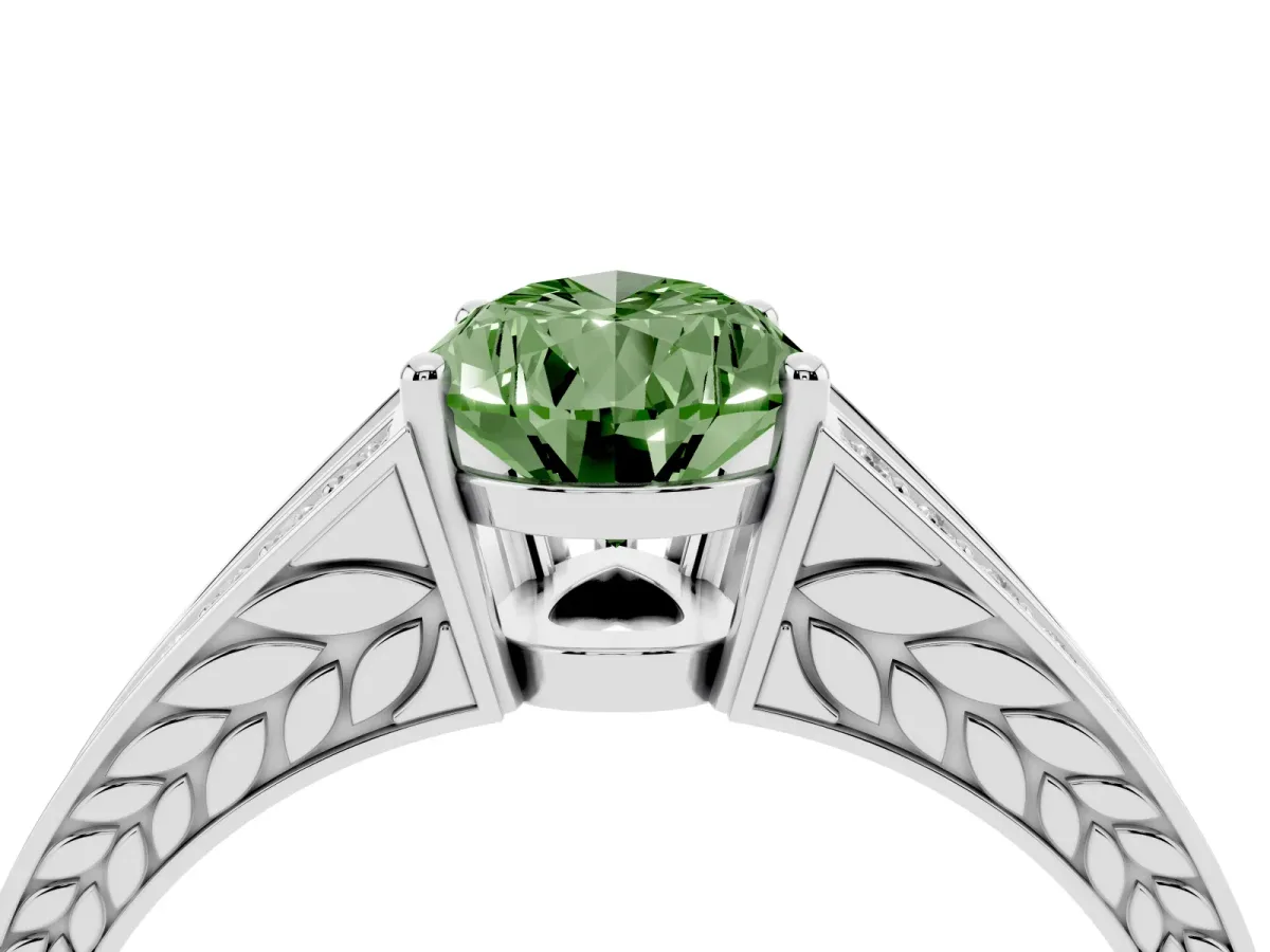 Fancy Green Pear Cut Diamond Split Shank Ring with Pavé Band and Four-Prong Setting Silver