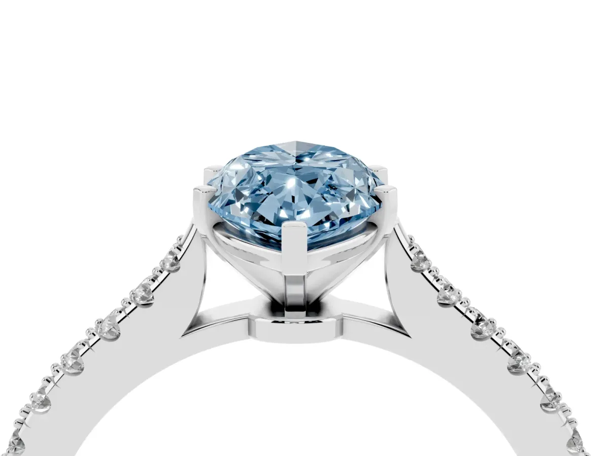 Fancy Blue Marquise Cut Cut Solitaire Diamond Engagement Ring with Pave Band and Four-Prong Setting Silver