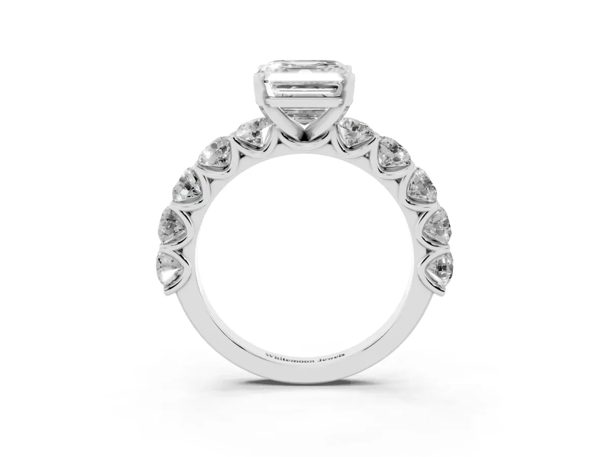 Asscher Cut Diamond Prong Setting with Side Stones on a Pave Band Silver