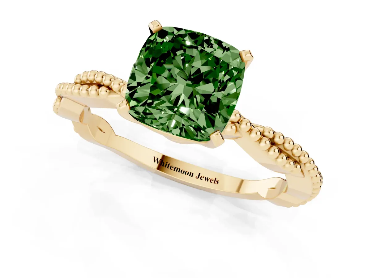 Fancy Green Cushion Cut Solitaire Twisted Band with Bead Prong Setting Yellow gold