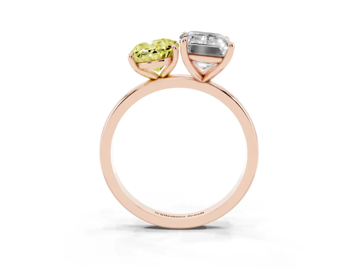 Fancy Yellow Oval Cut and Emerald Cut Toi Moi Ring with Prong Setting Rose gold