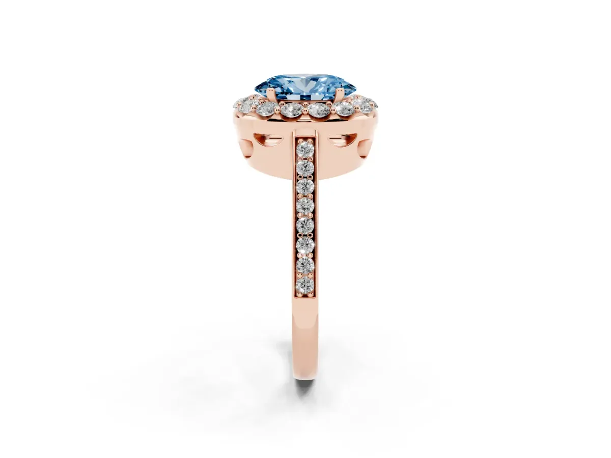 Fancy Blue Oval Cut Diamond Floral Halo Ring with Pavé Band and Prong Setting Rose gold