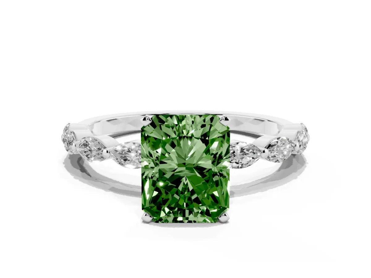 Fancy Green Radiant Cut Diamond Ring with Marquise Side Stones and Prong Setting Platinum