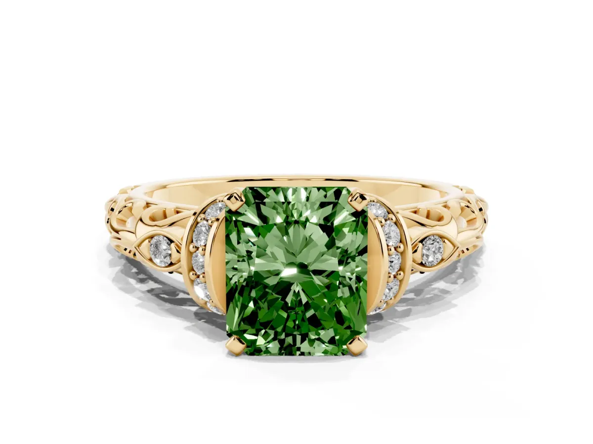 Fancy Green Radiant Cut Diamond Solitaire Ring with Filigree Band and Four-Prong Setting Yellow gold