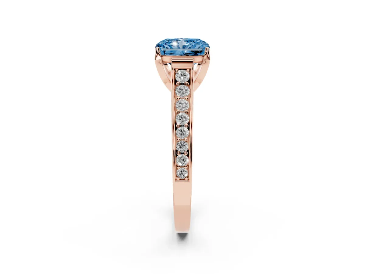 Fancy Blue Radiant Cut Brilliant Cut Diamond Engagement Ring with Pavé Band and Four-Prong Setting Rose gold
