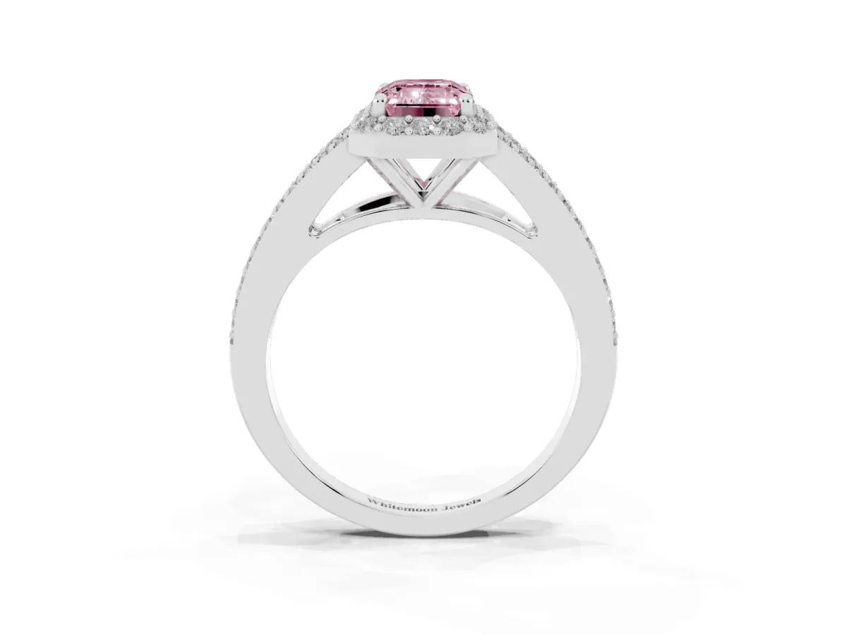 Fancy Pink Emerald Cut Halo Split Shank Pave Diamond Ring with Four-Prong Setting Silver