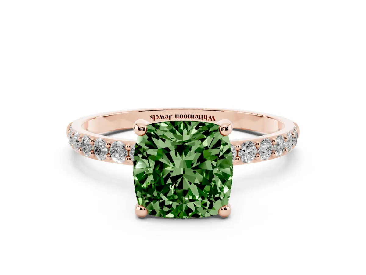 Fancy Green Cushion Cut Diamond Solitaire Ring with Round Pavé Band and Prong Setting Rose gold