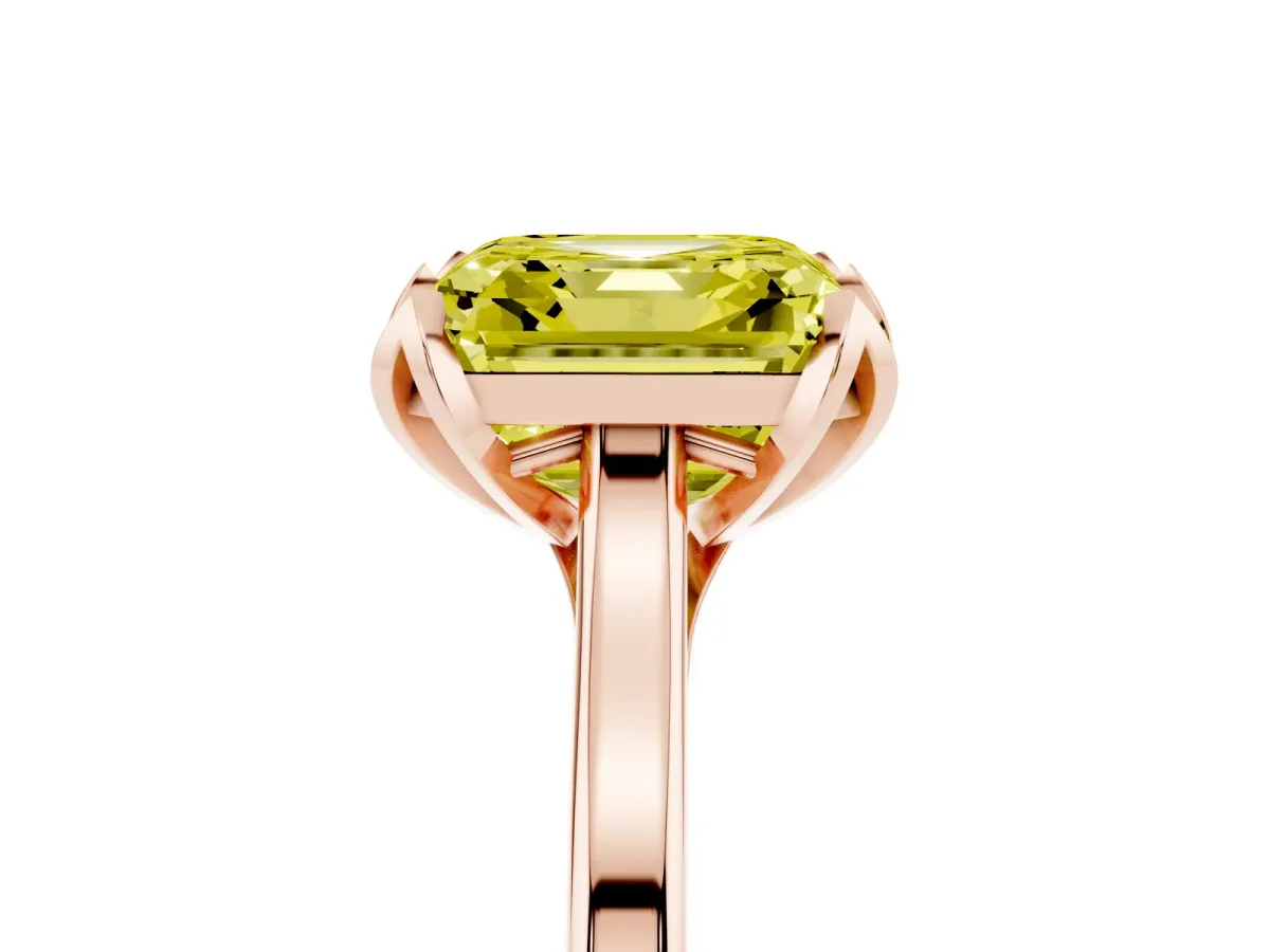 Fancy Yellow Asscher Cut Diamond Solitaire Ring with Flower Prong Setting and Classic Band Rose gold
