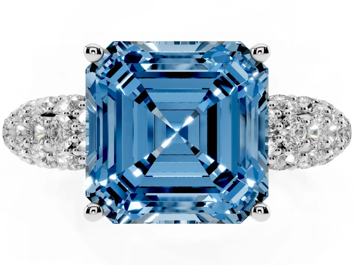 Fancy Blue Asscher Cut Diamond Pavé Band Solitaire Ring with Four-Prong Setting Silver