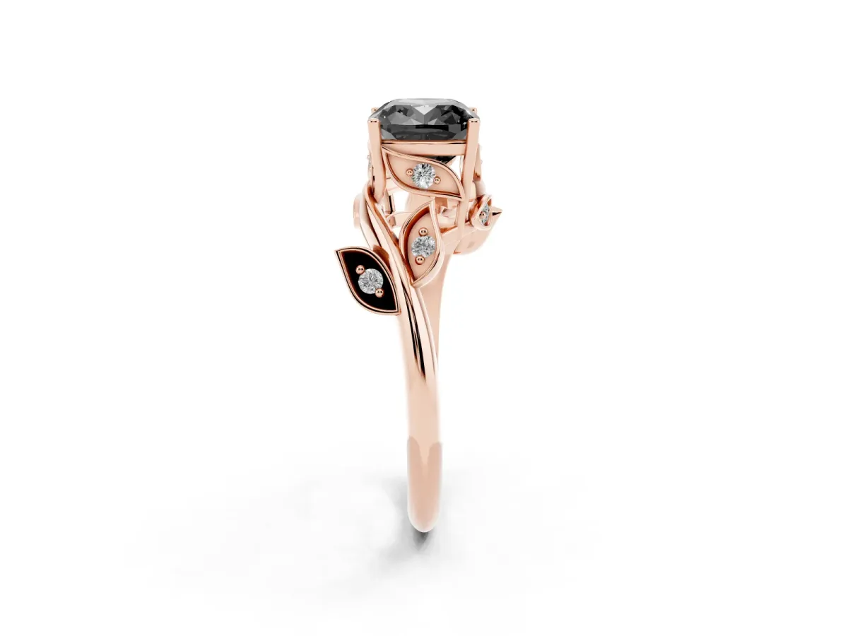 Fancy Black Cushion Cut Solitaire Twist Engagement Ring with Leaf Accents and Prong Setting Rose gold