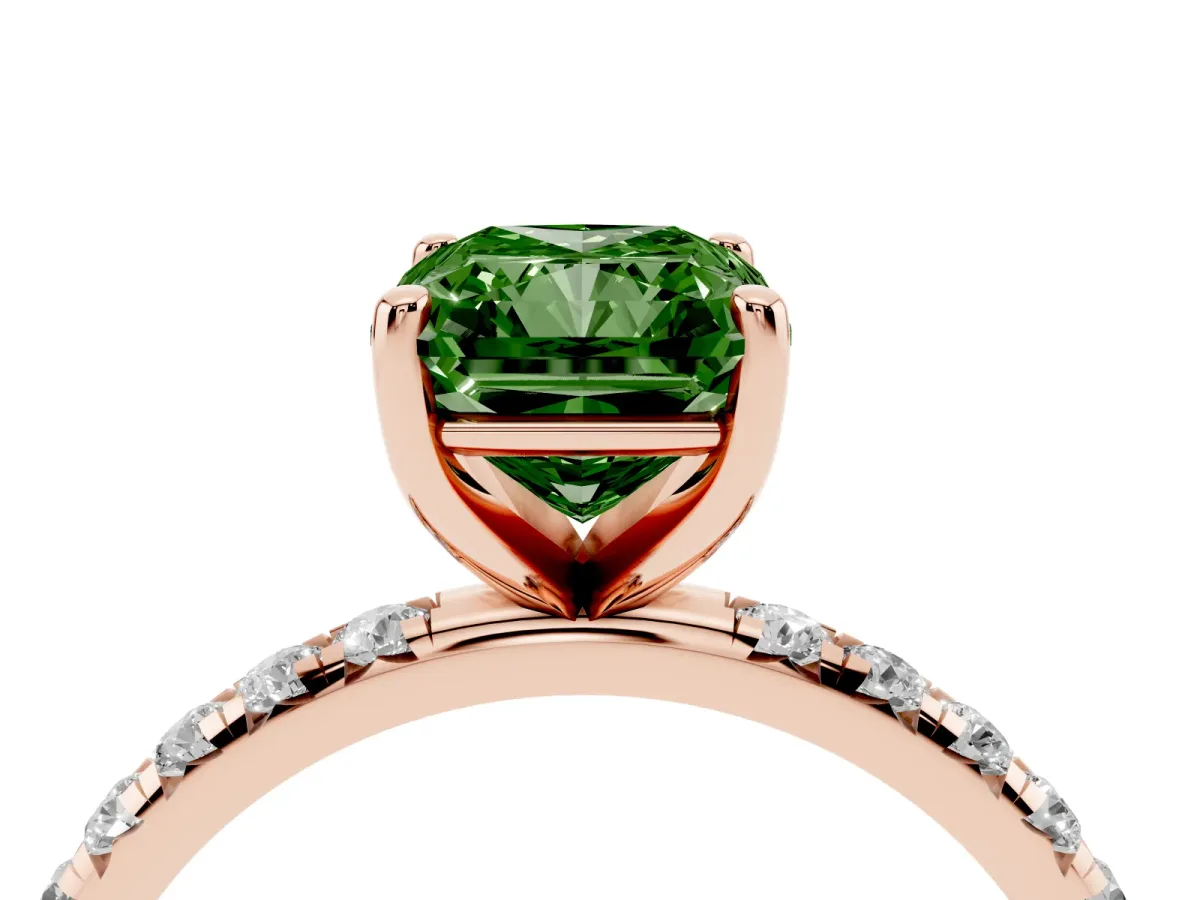 Fancy Green Radiant Cut Cut Diamond Solitaire Ring with Micro Pave Band and Four Prong Setting Rose gold